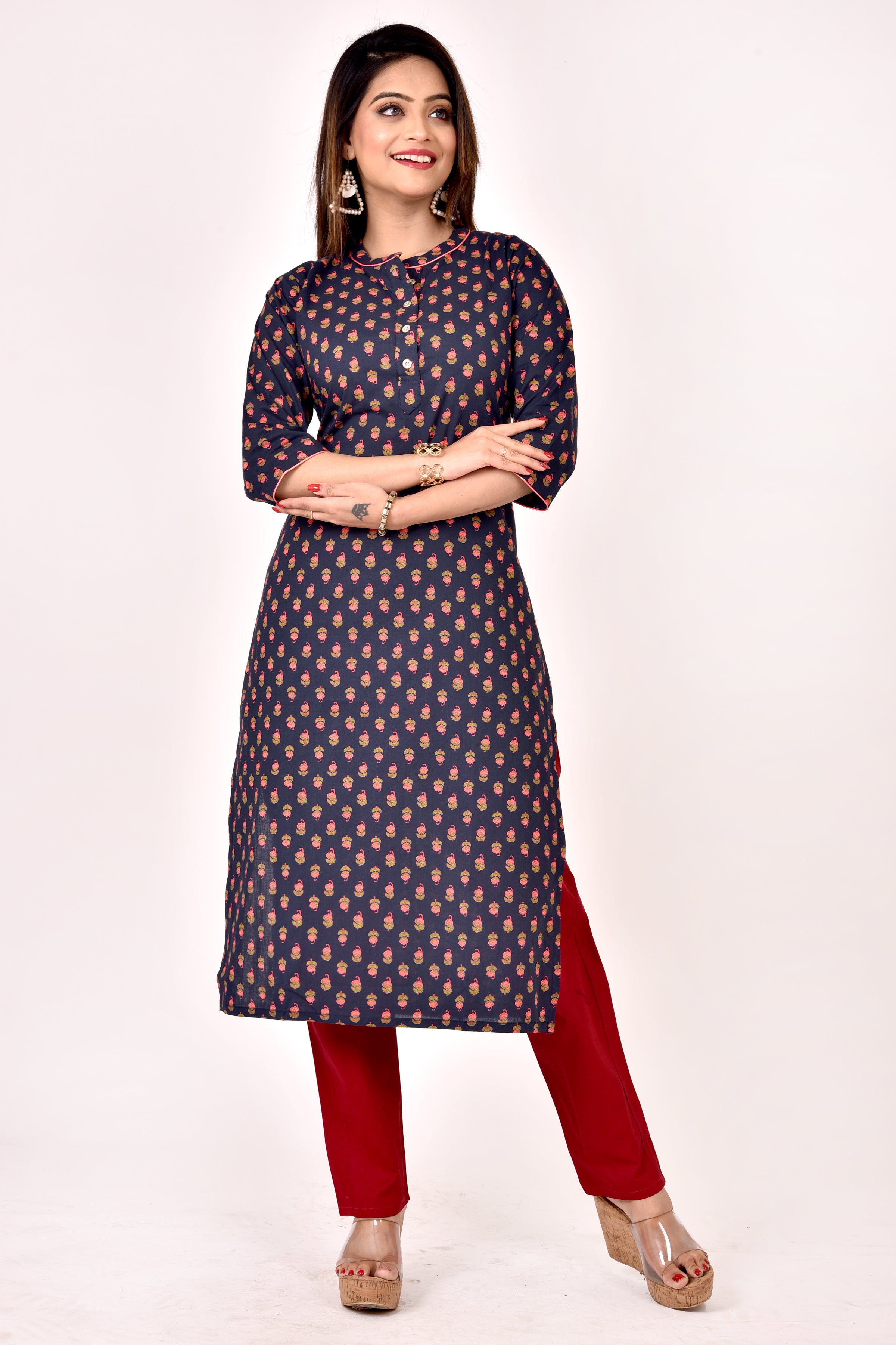 Blue Floral Print Straight Kurta