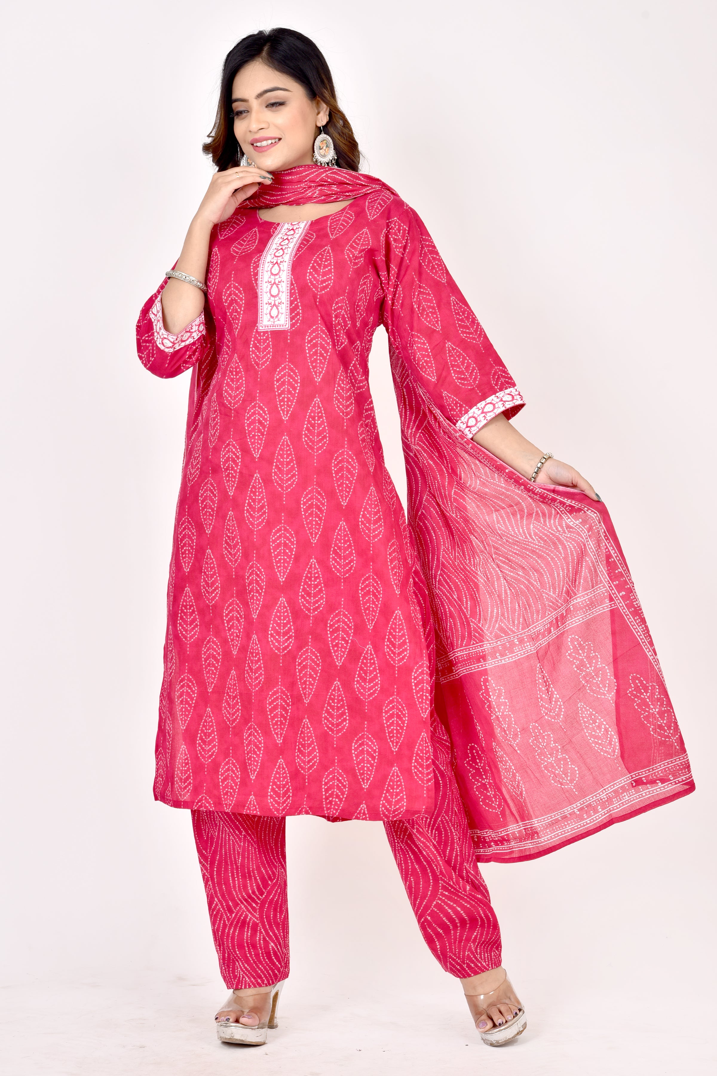 Magenta Pink Embroidered Kurta With Pant & Dupatta