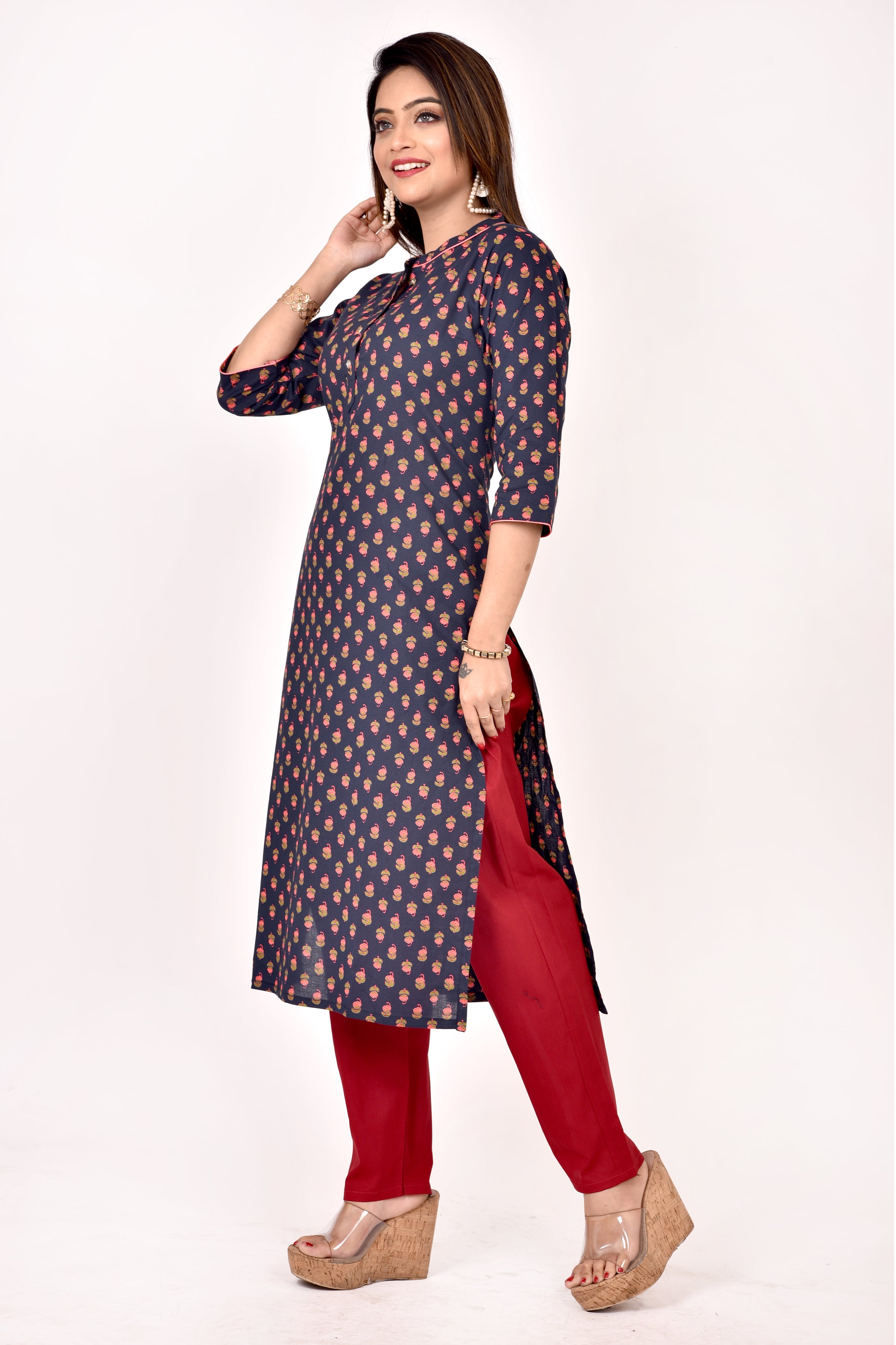 Blue Floral Print Straight Kurta
