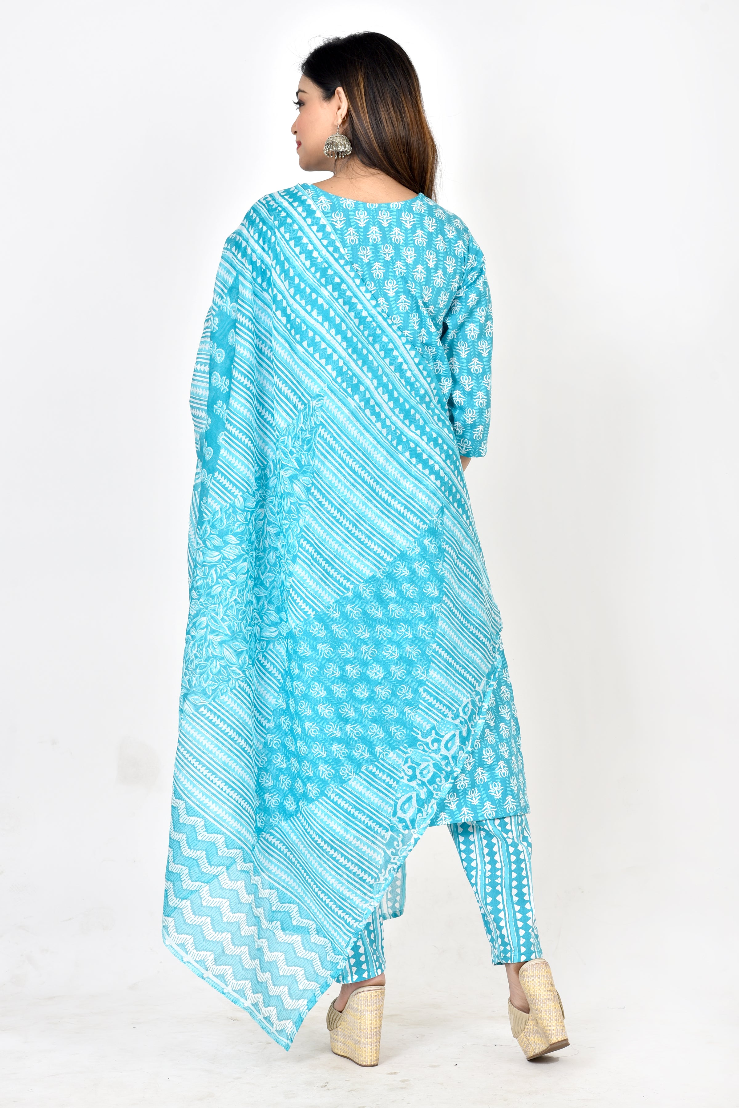 Aqua Blue Floral Print Kurta With Pant & Dupatta
