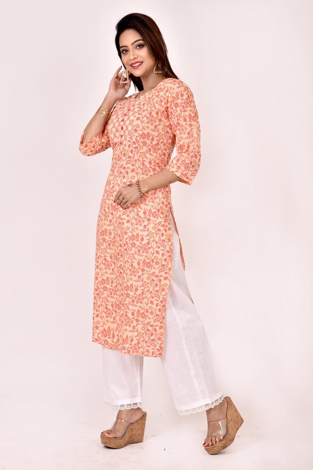 Peach Orange Floral Print Straight Kurta