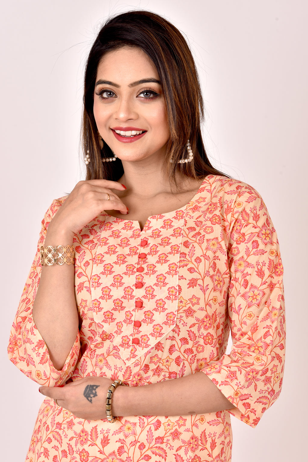 Peach Orange Floral Print Straight Kurta