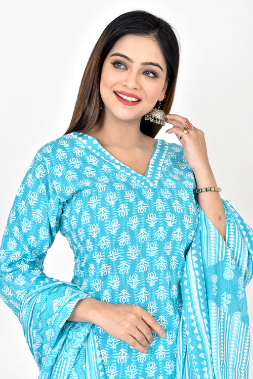 Aqua Blue Floral Print Kurta With Pant & Dupatta