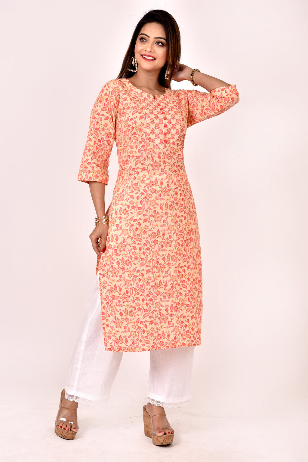 Peach Orange Floral Print Straight Kurta