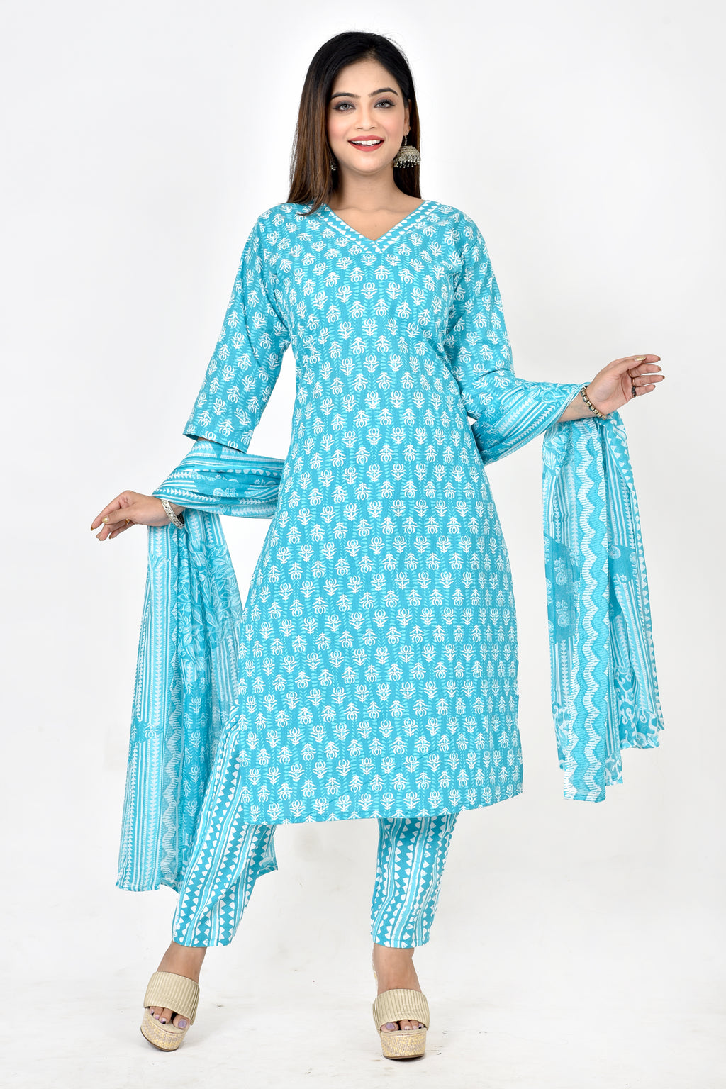 Aqua Blue Floral Print Kurta With Pant & Dupatta