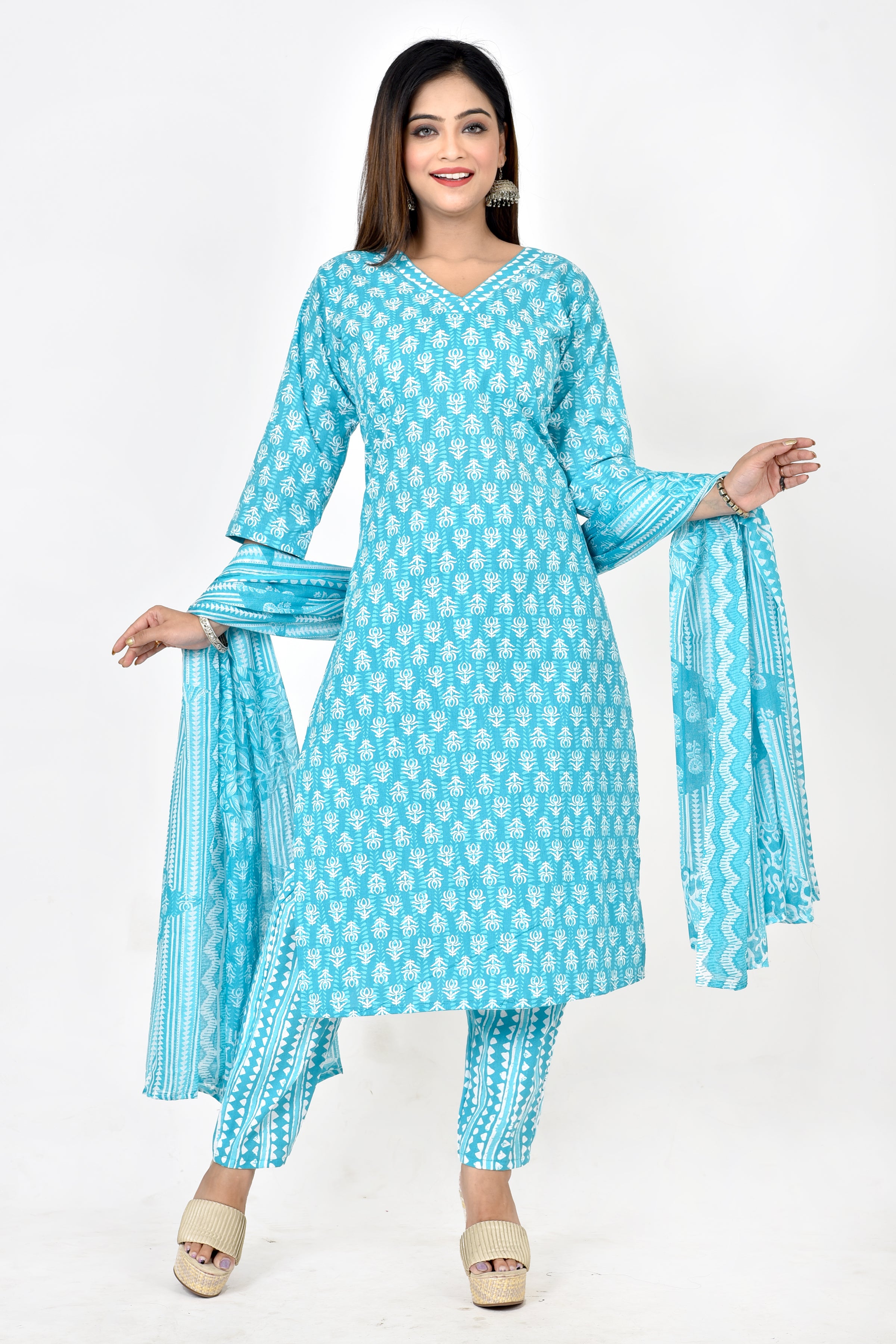 Aqua Blue Floral Print Kurta With Pant & Dupatta