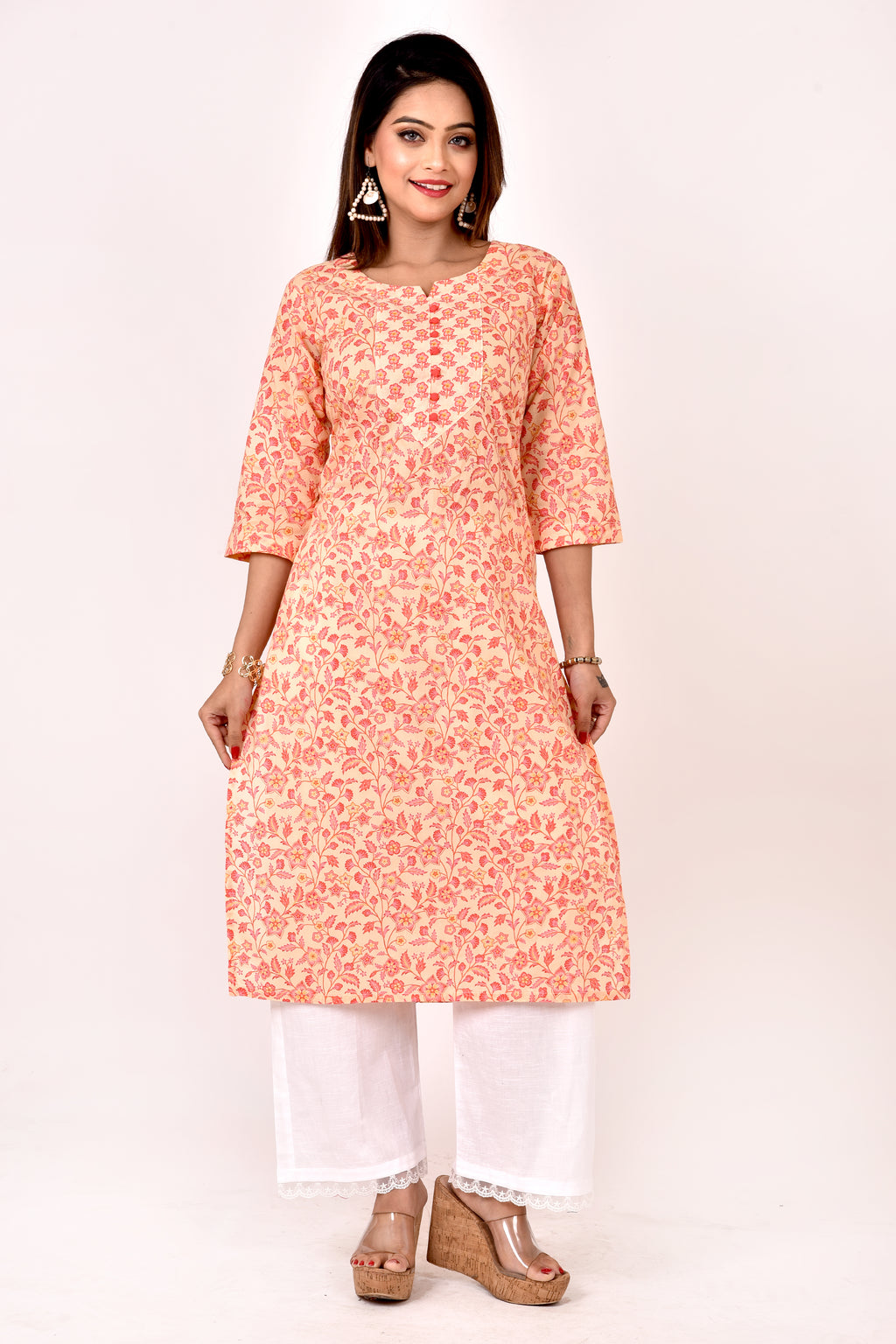 Peach Orange Floral Print Straight Kurta