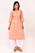Peach Orange Floral Print Straight Kurta