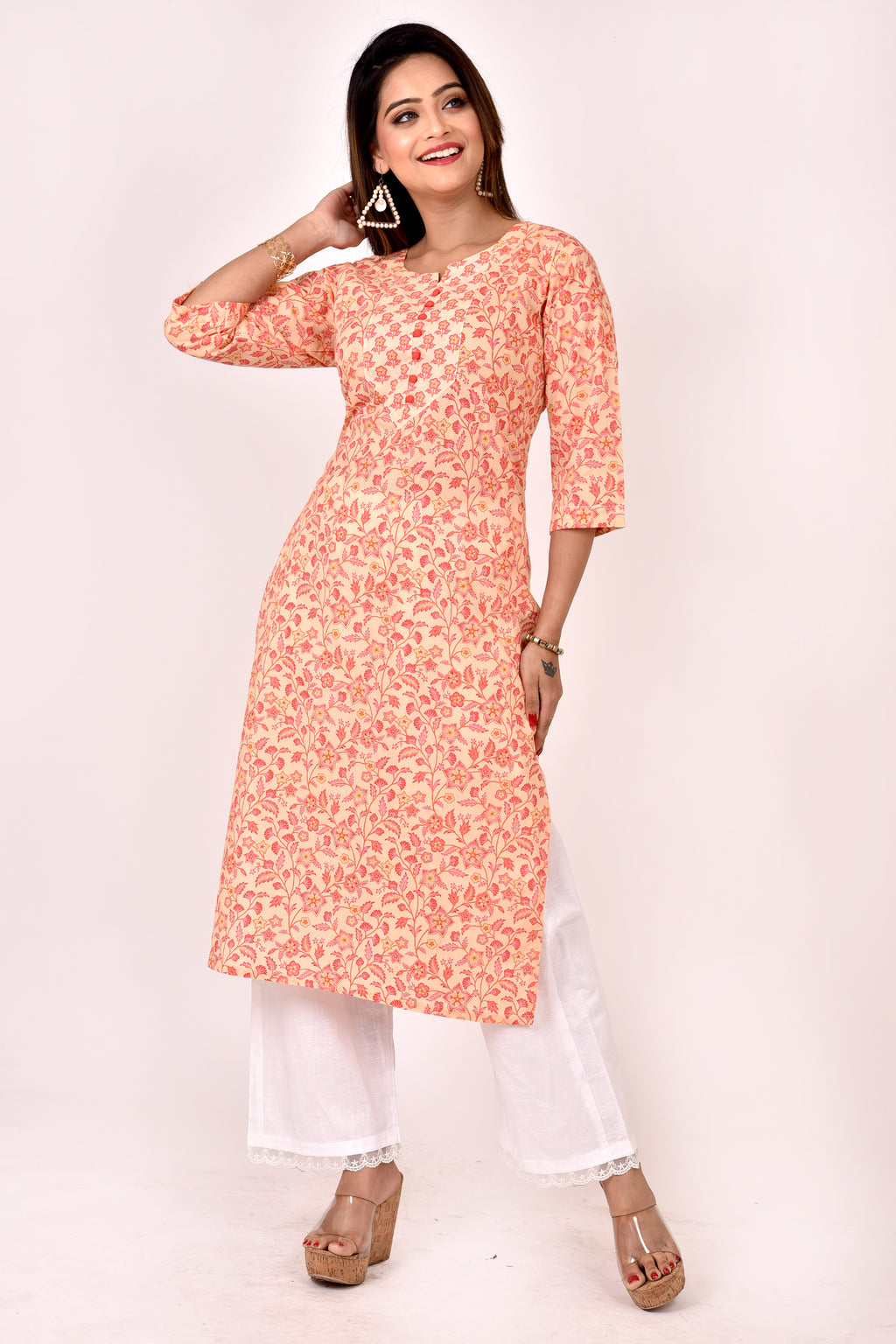 Peach Orange Floral Print Straight Kurta