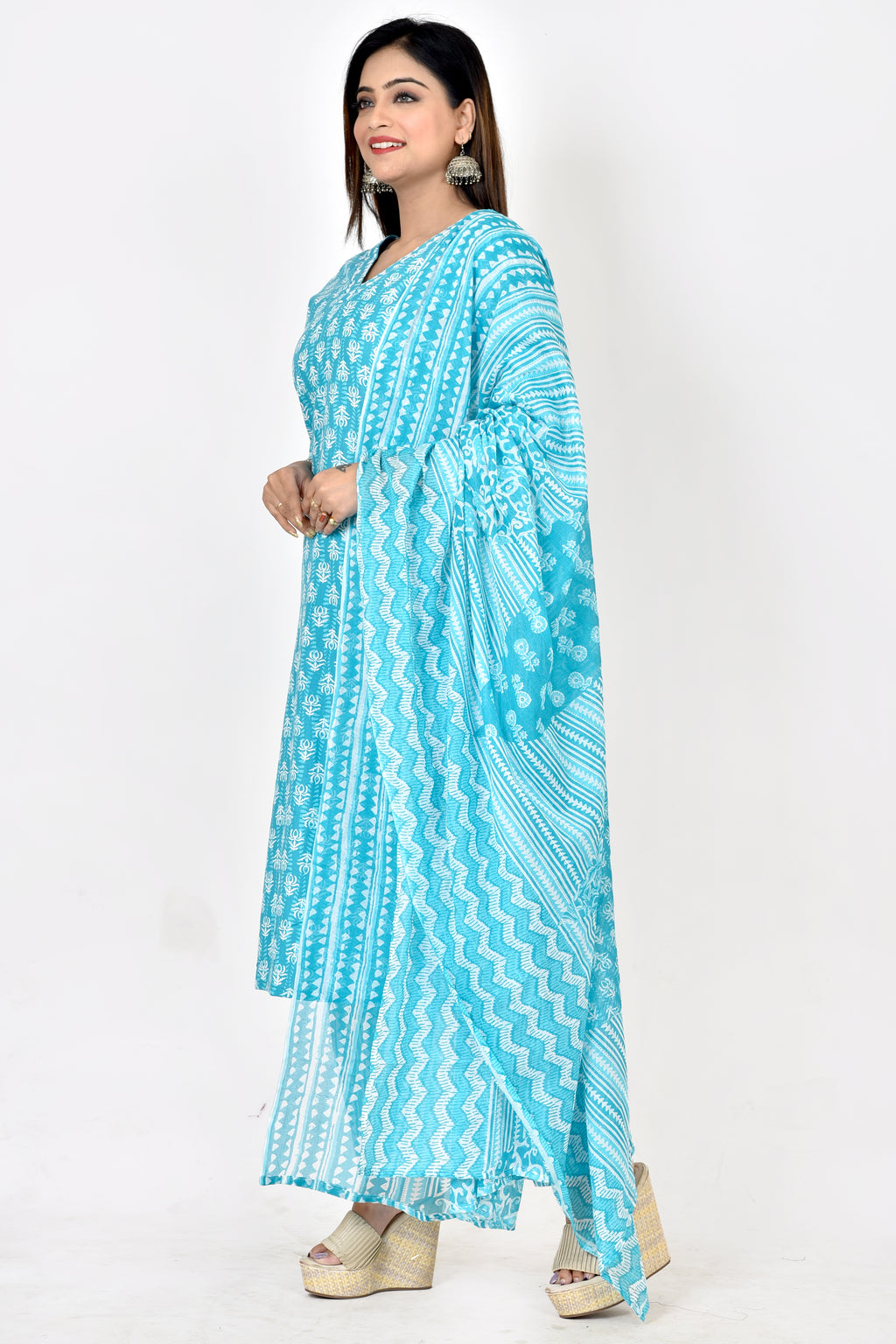 Aqua Blue Floral Print Kurta With Pant & Dupatta