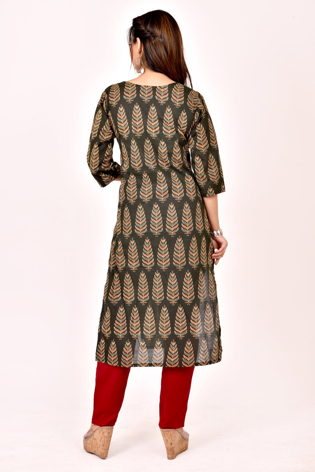 Dark Green Leaf Print Straight Kurta