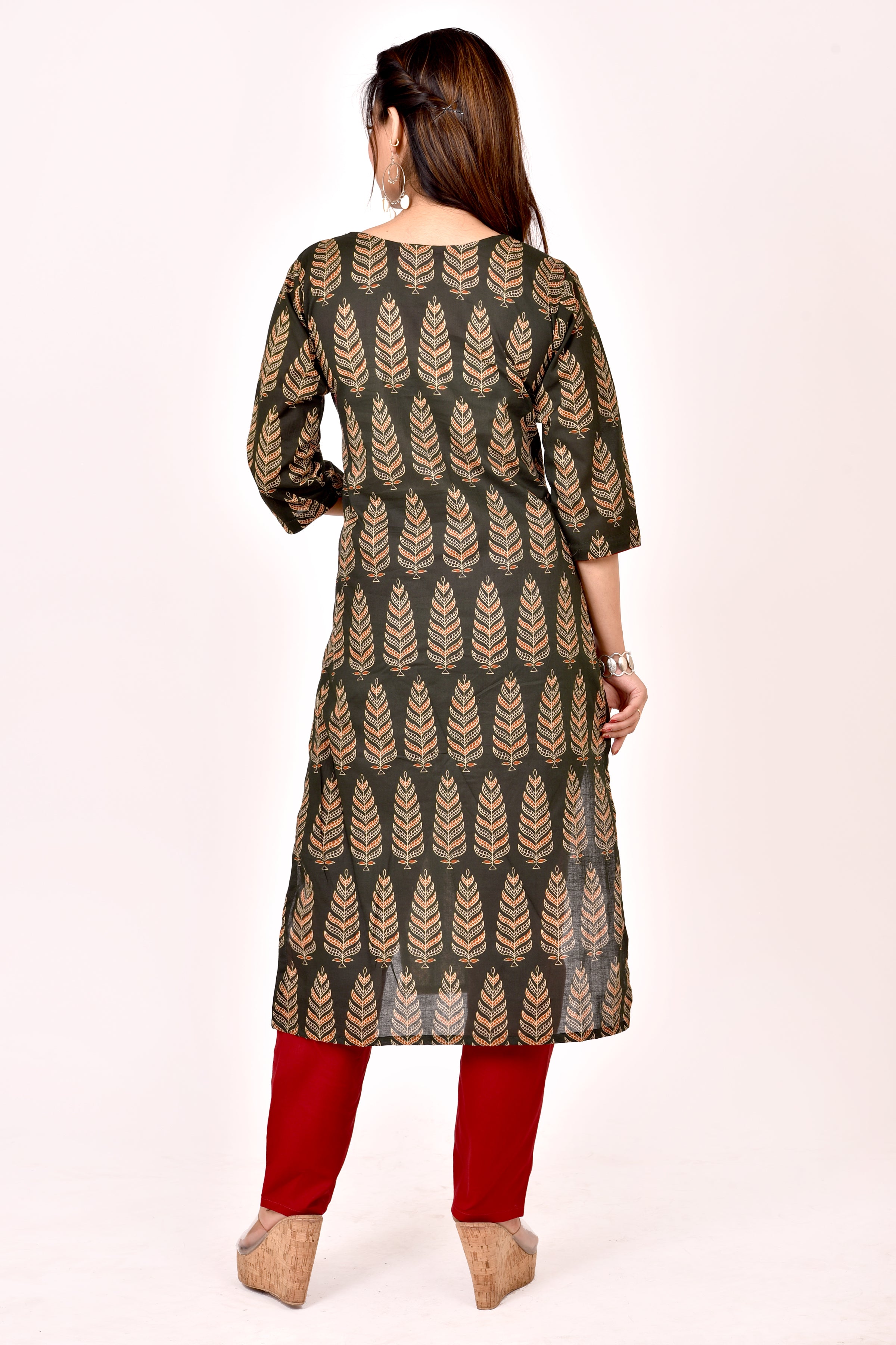 Dark Green Leaf Print Straight Kurta