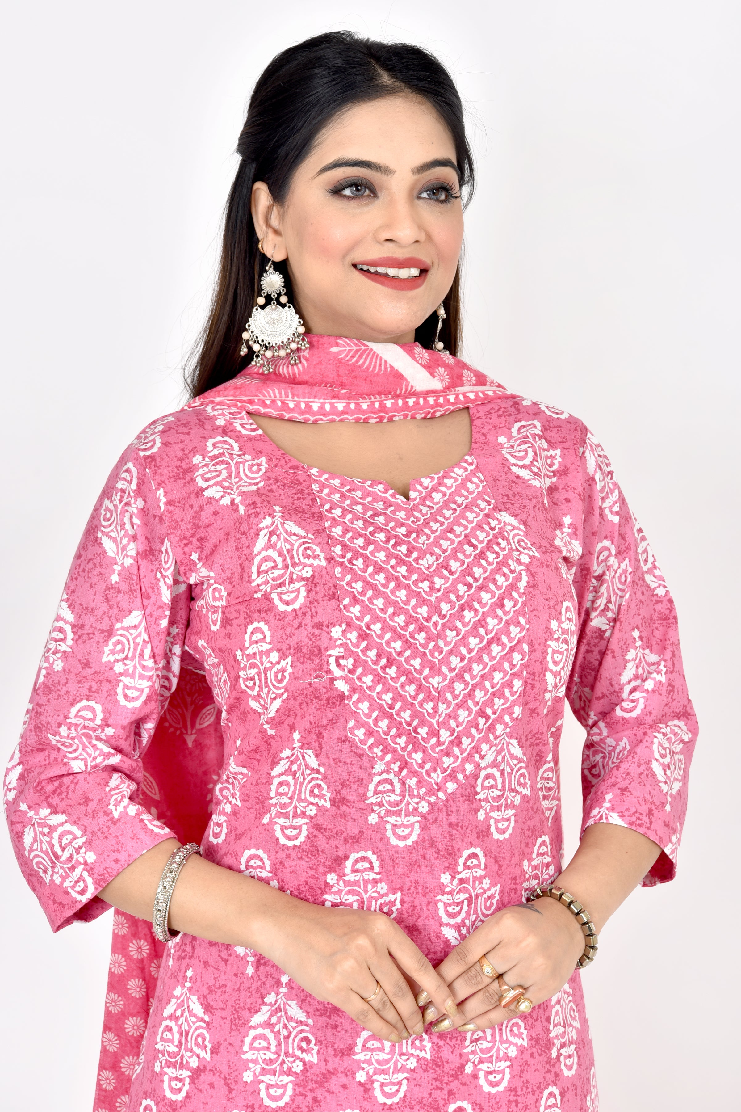 Pink Floral Print Kurta With Pant & Dupatta