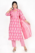 Pink Floral Print Kurta With Pant & Dupatta