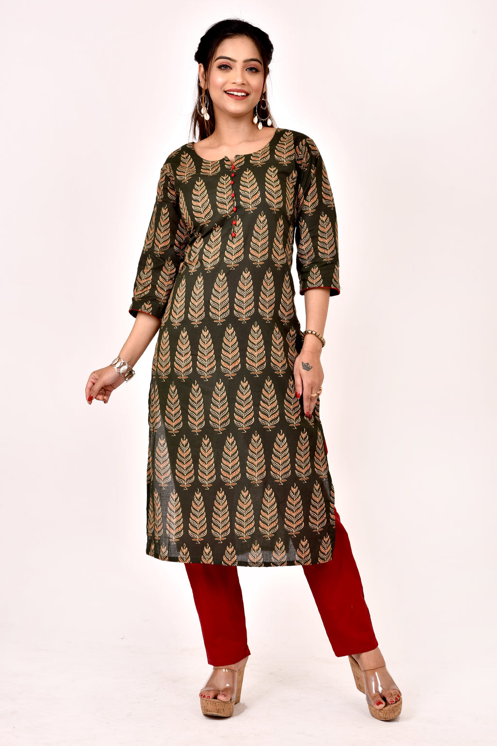 Dark Green Leaf Print Straight Kurta