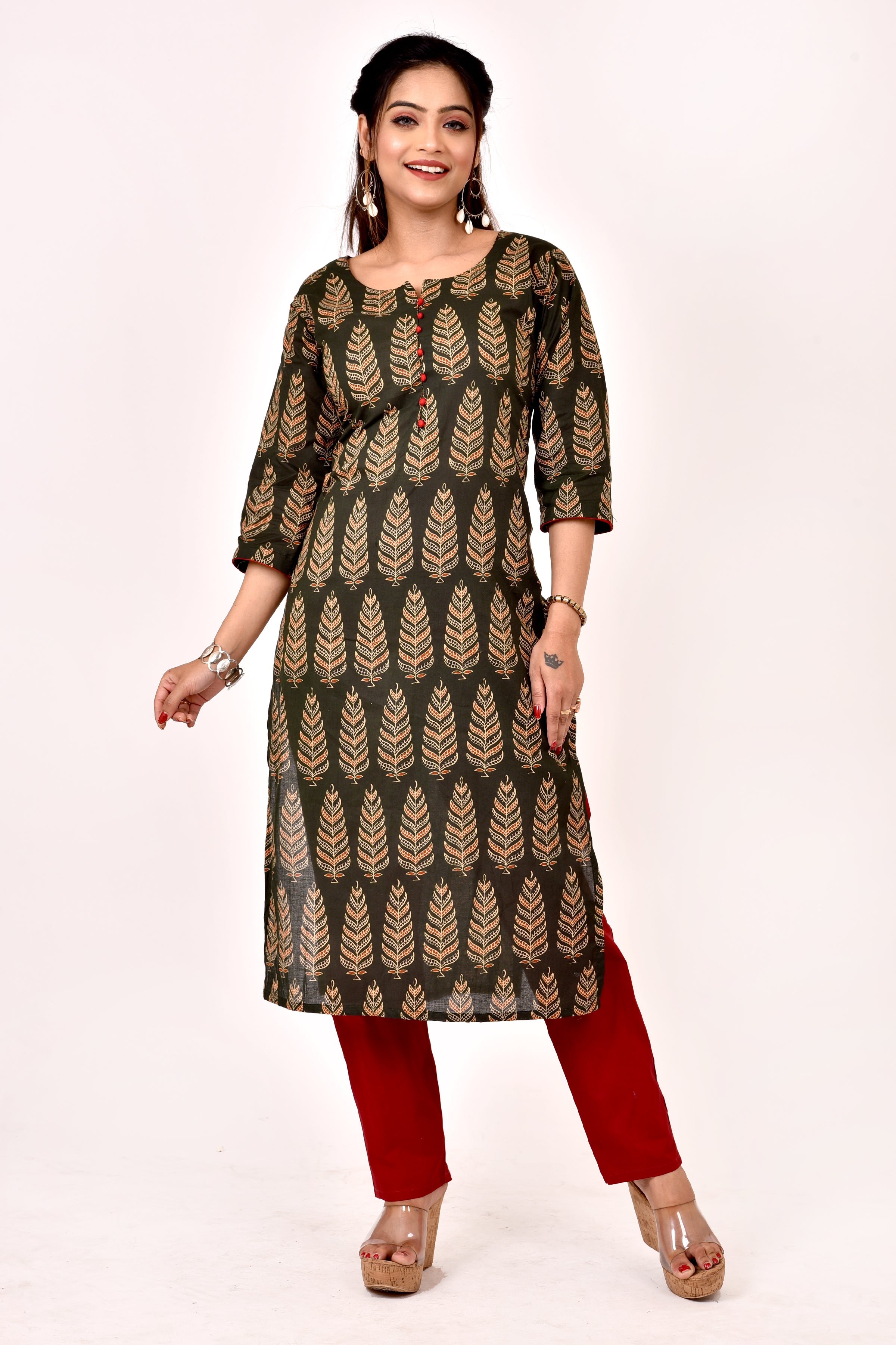 Dark Green Leaf Print Straight Kurta