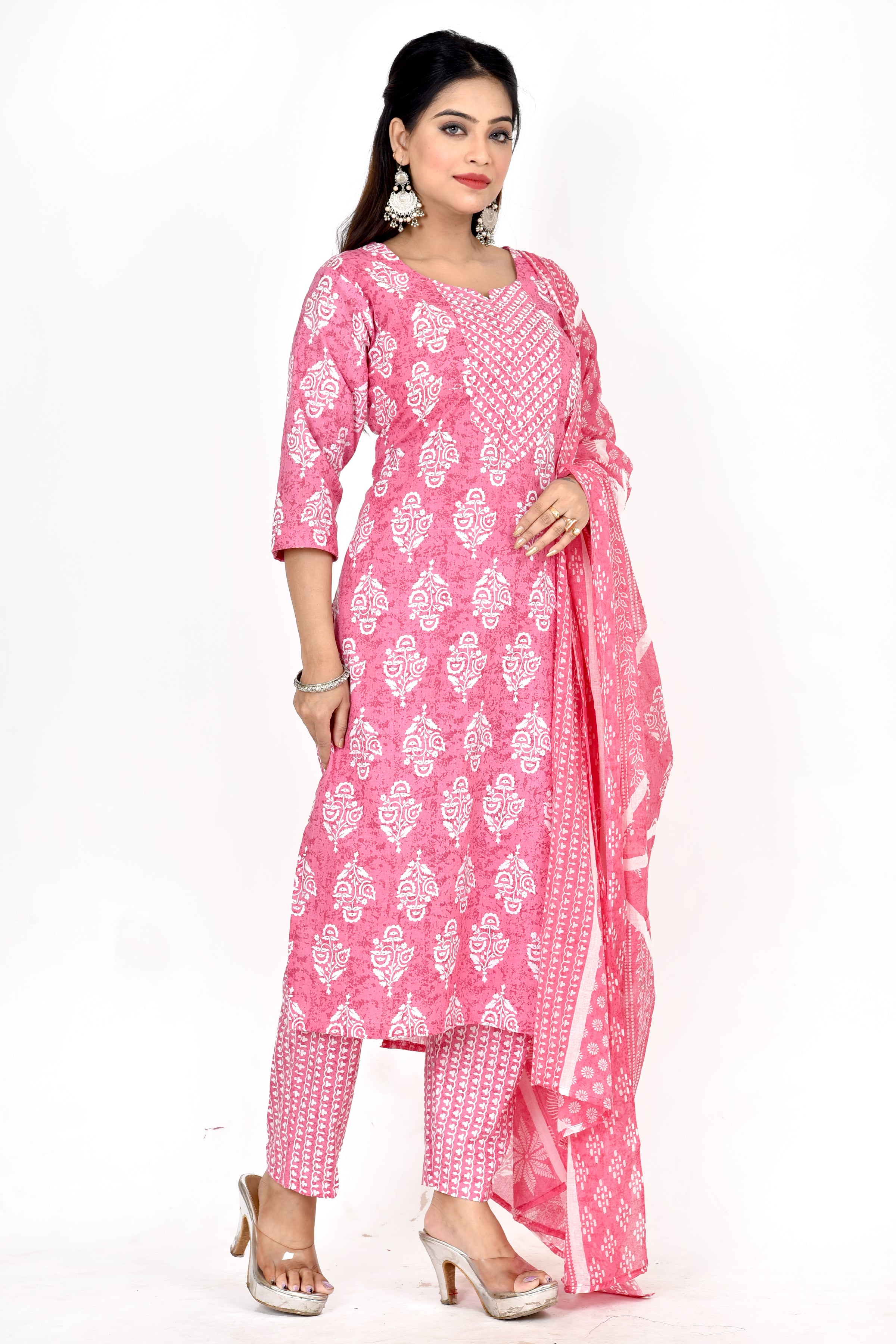 Pink Floral Print Kurta With Pant & Dupatta