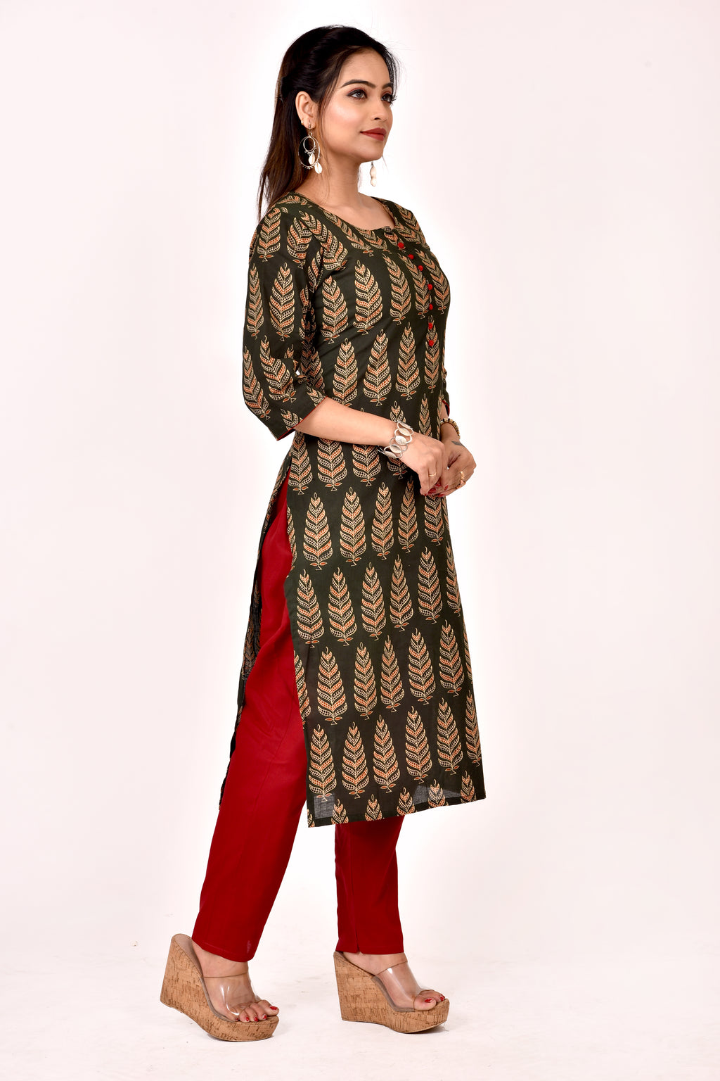 Dark Green Leaf Print Straight Kurta