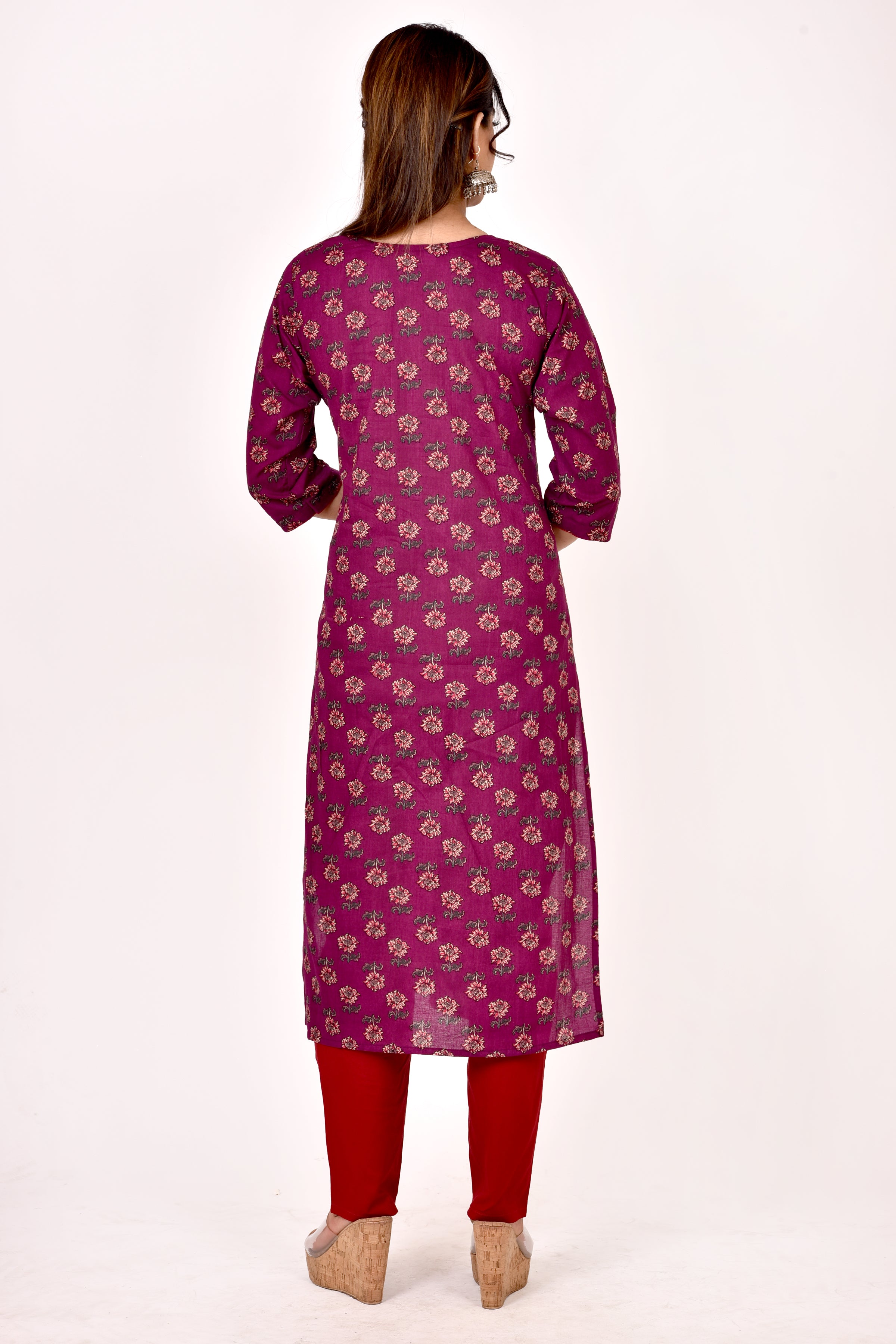 Mulberry Purple Floral Print Straight Kurta