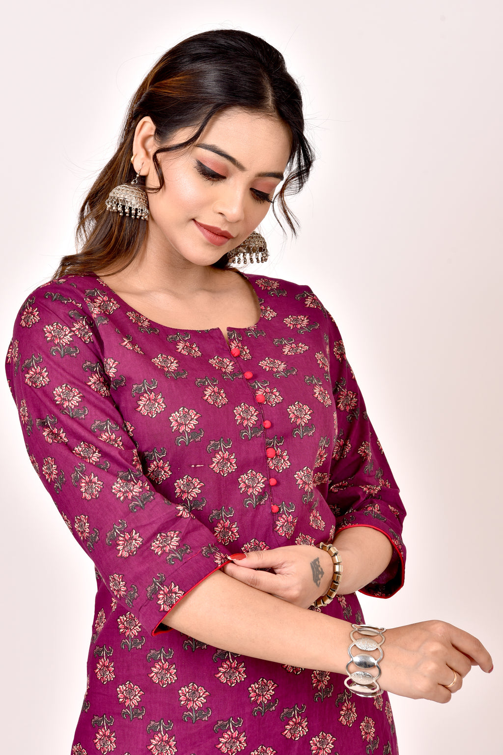 Mulberry Purple Floral Print Straight Kurta