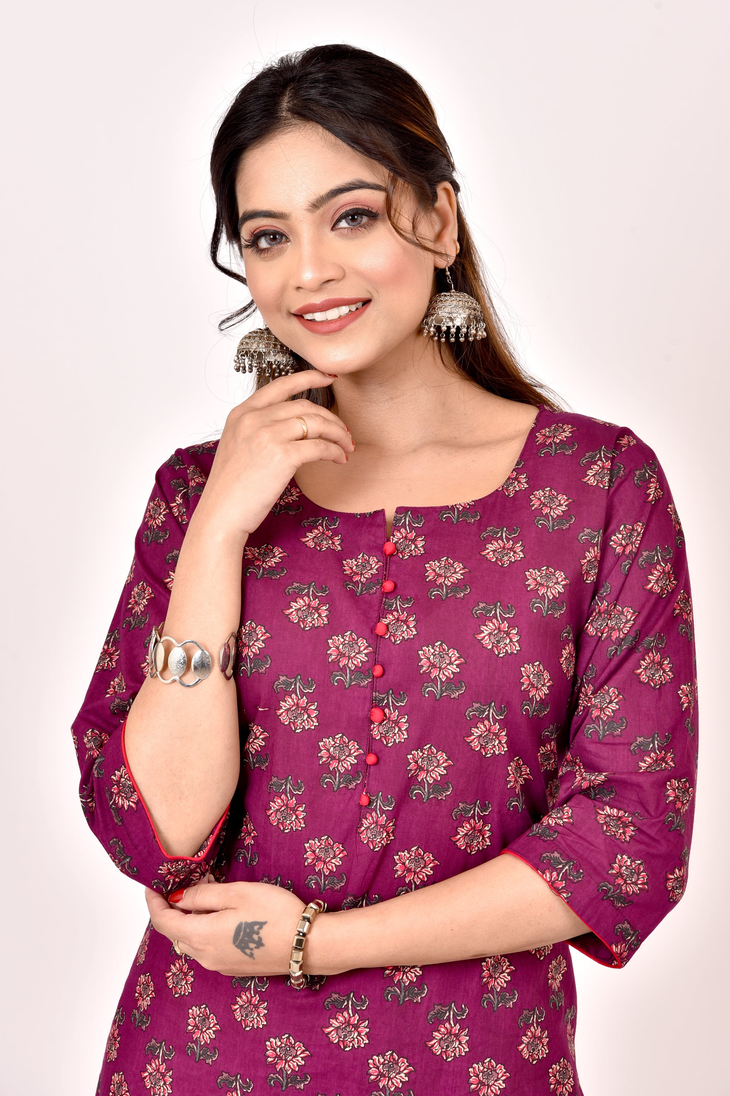 Mulberry Purple Floral Print Straight Kurta