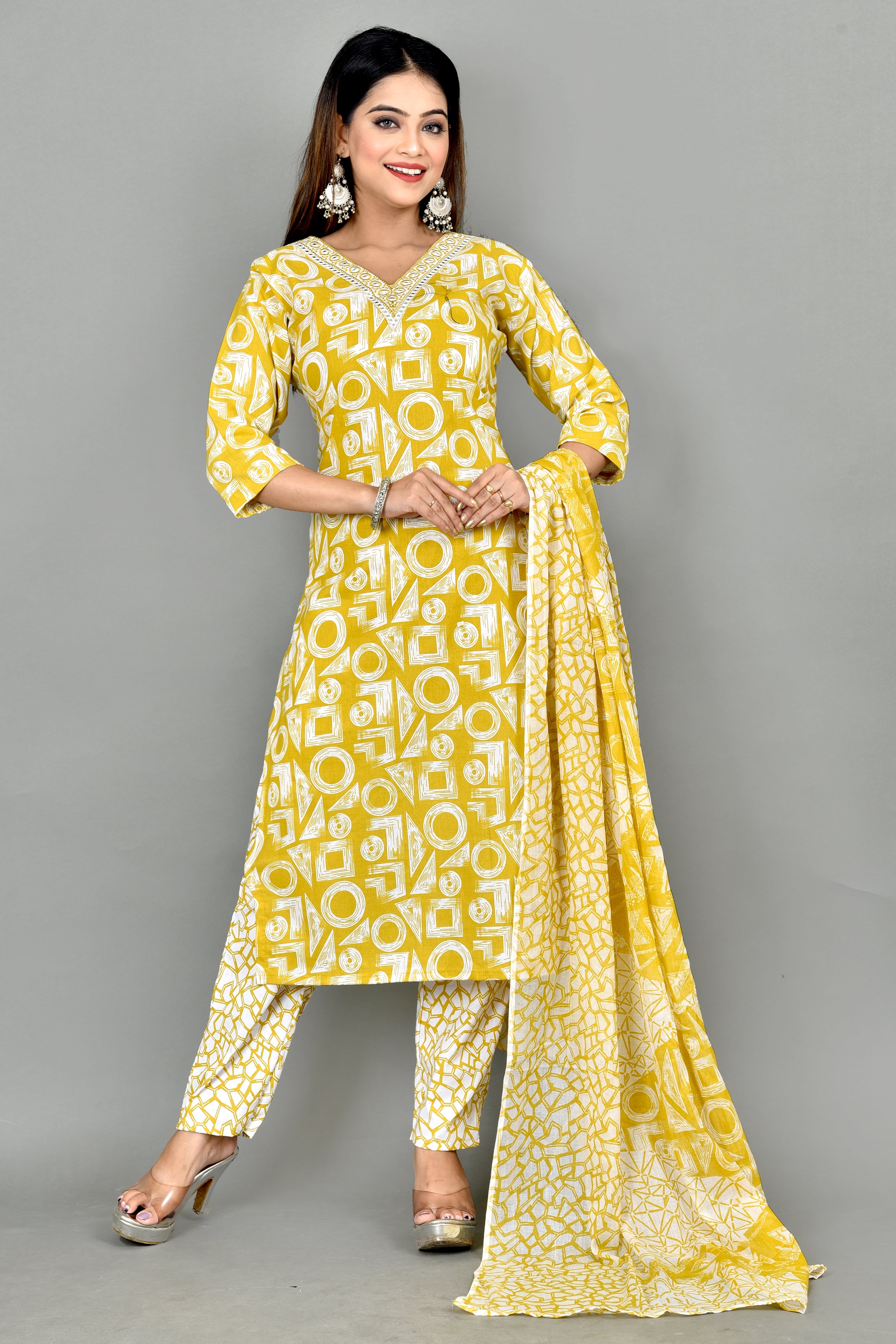 Yellow Geometric Print Embroidered Kurta With Pant & Dupatta