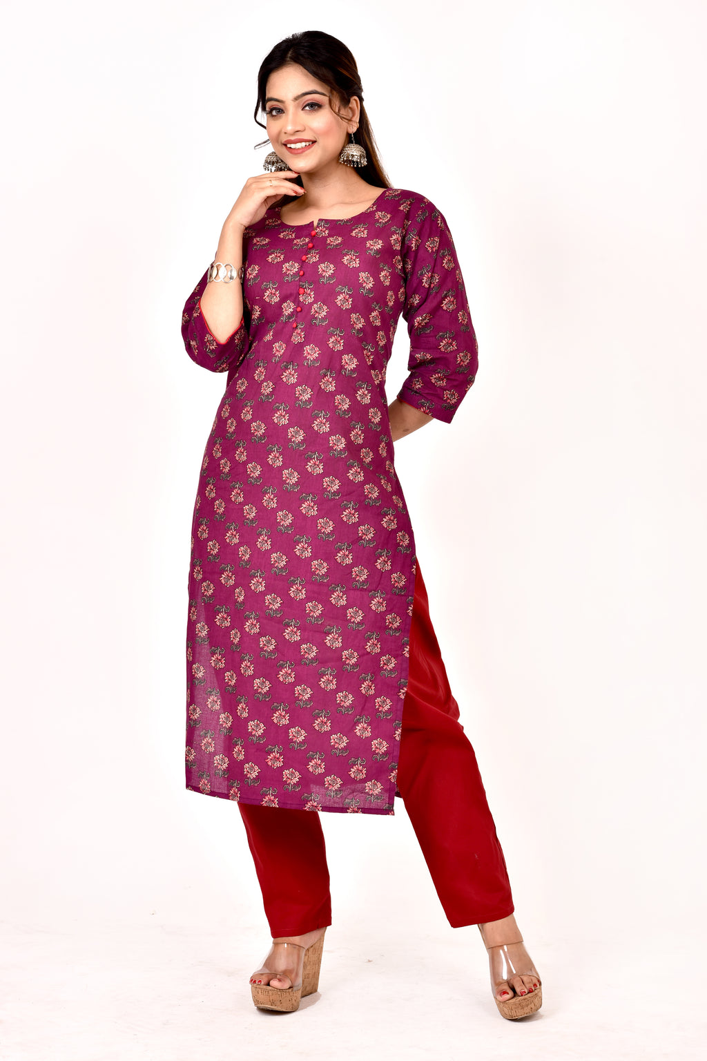 Mulberry Purple Floral Print Straight Kurta