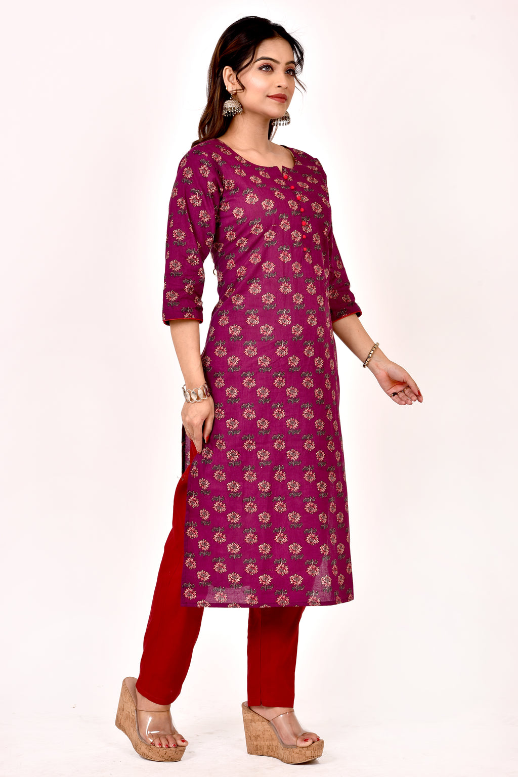 Mulberry Purple Floral Print Straight Kurta