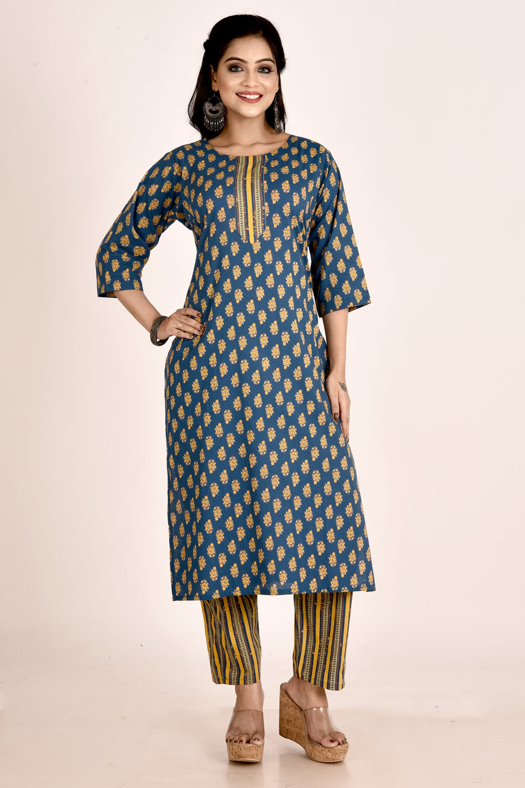 Teal Blue Floral Print Kurta
