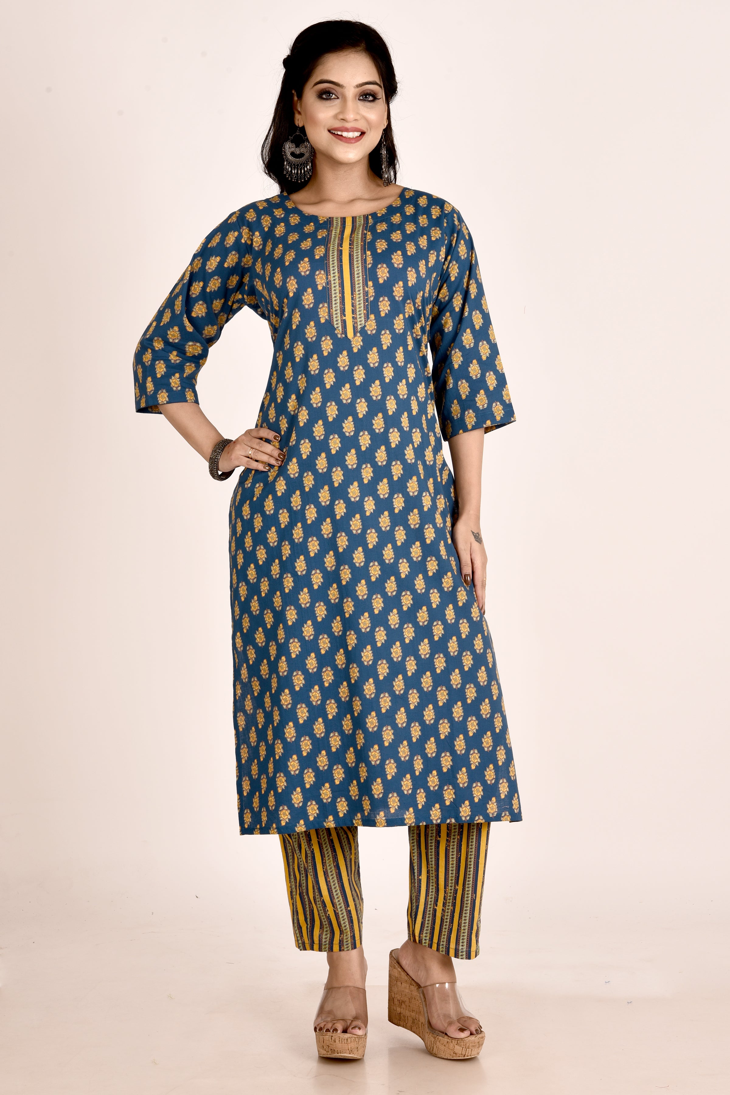 Teal Blue Floral Print Kurta