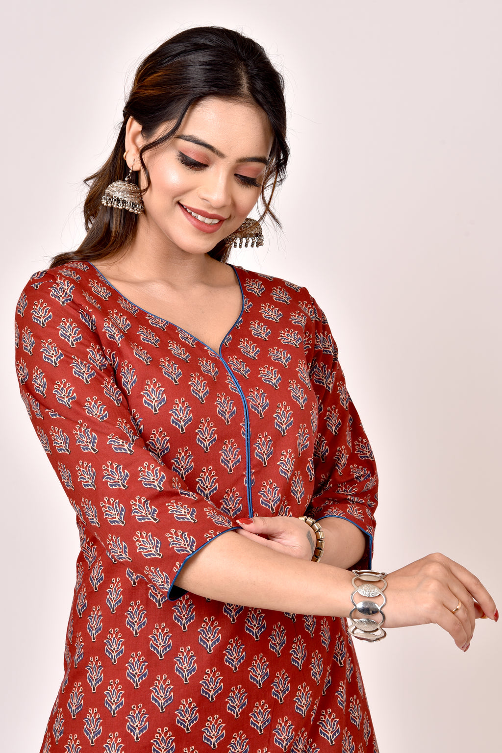 Rust Floral Print Straight Kurta