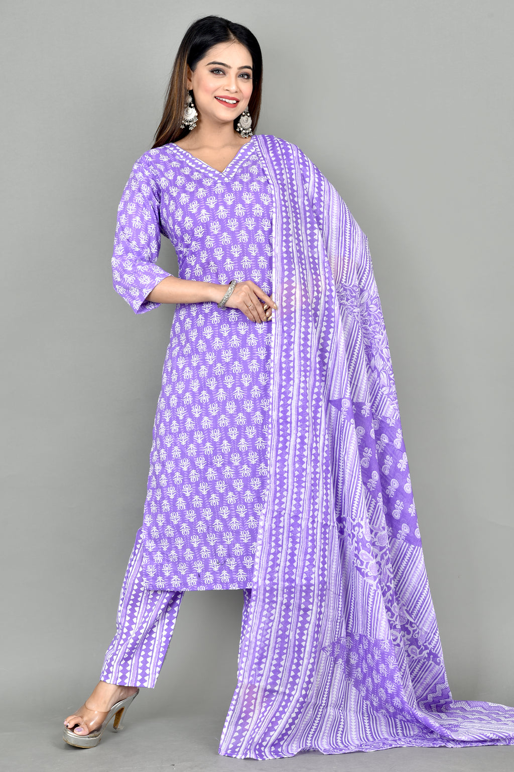 Lavender Floral Print Kurta With Pant & Dupatta