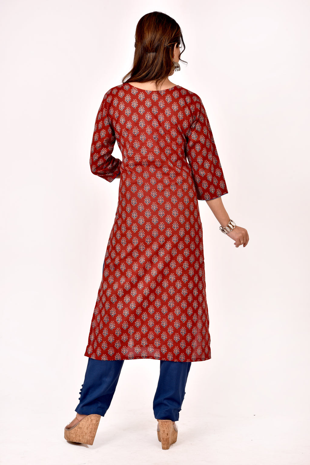 Rust Floral Print Straight Kurta