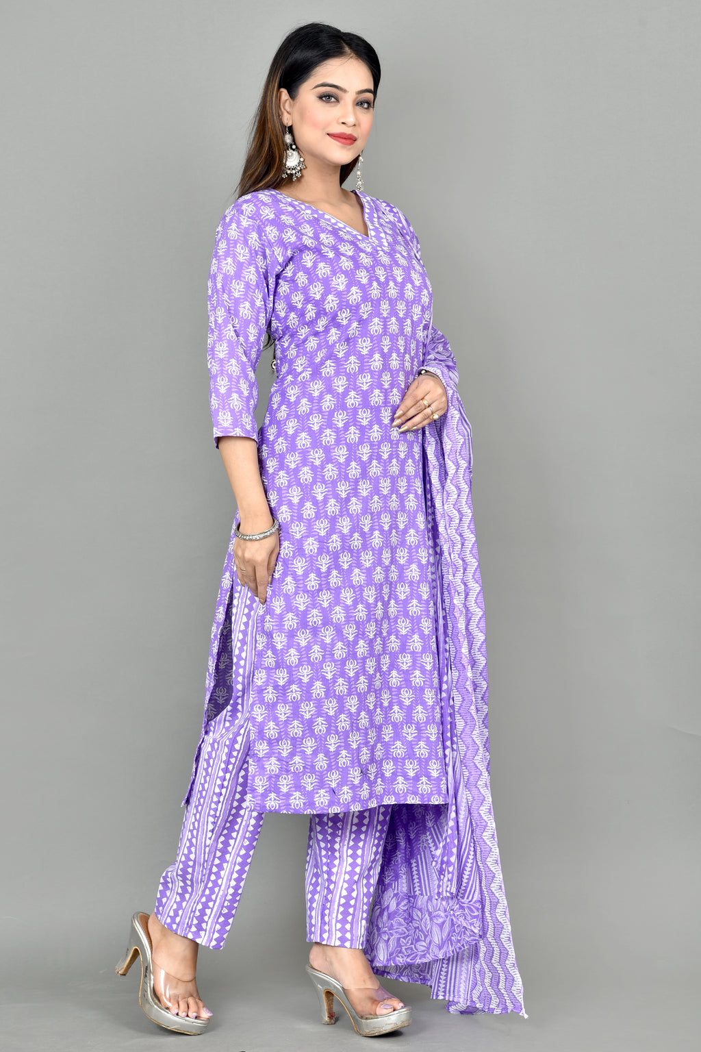 Lavender Floral Print Kurta With Pant & Dupatta