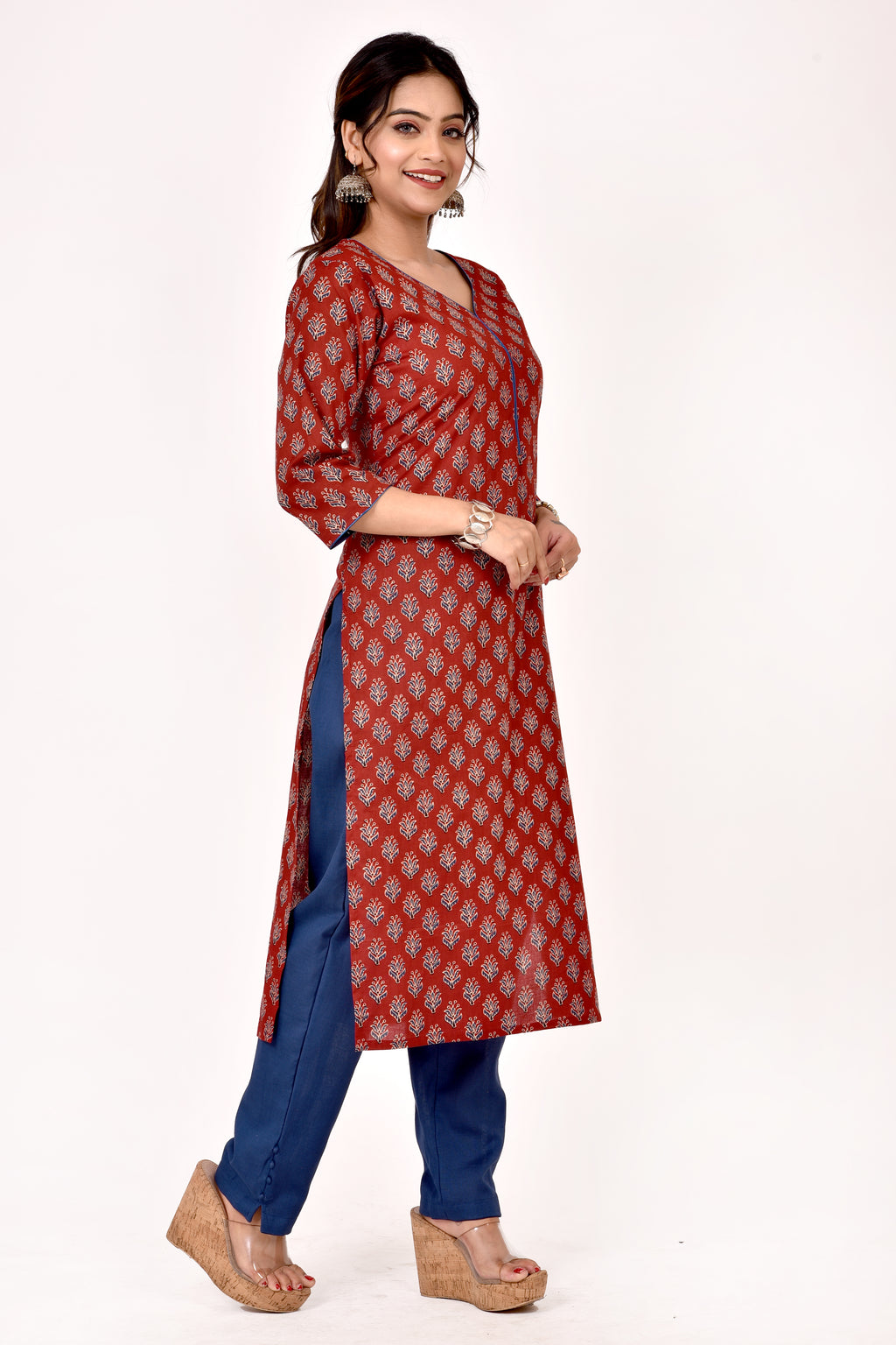 Rust Floral Print Straight Kurta