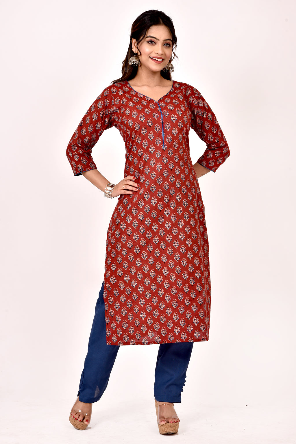Rust Floral Print Straight Kurta