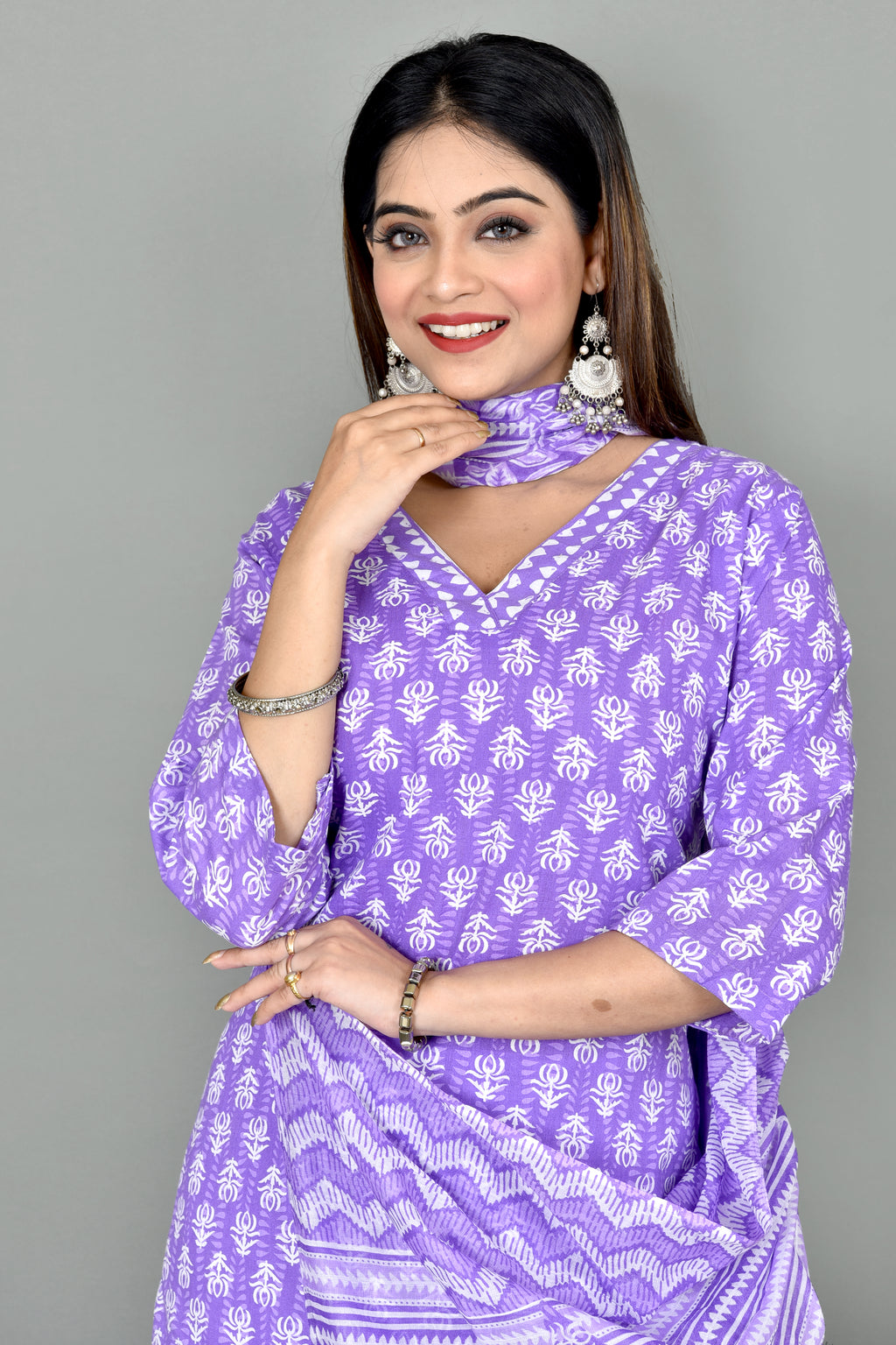 Lavender Floral Print Kurta With Pant & Dupatta