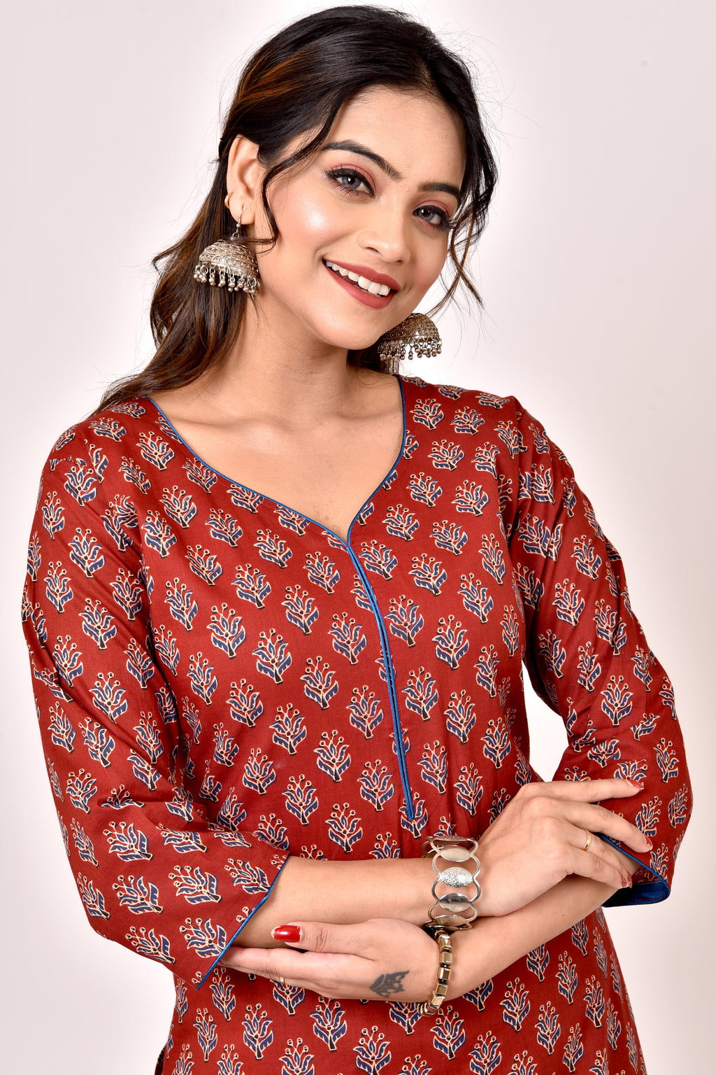 Rust Floral Print Straight Kurta