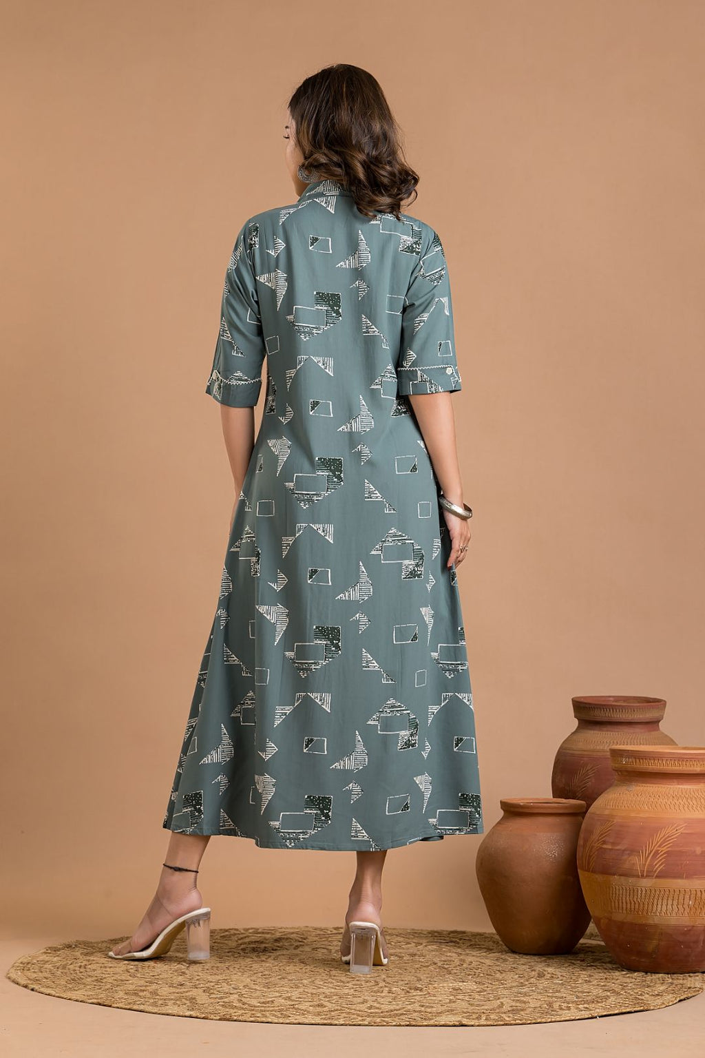 Dusty Green Geometric Print A-Line Dress