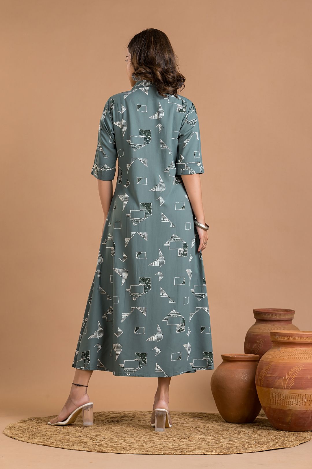 Dusty Green Geometric Print A-Line Dress