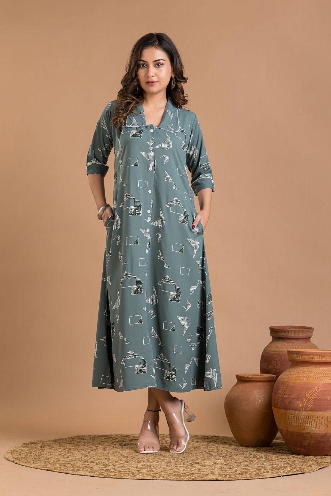 Dusty Green Geometric Print A-Line Dress