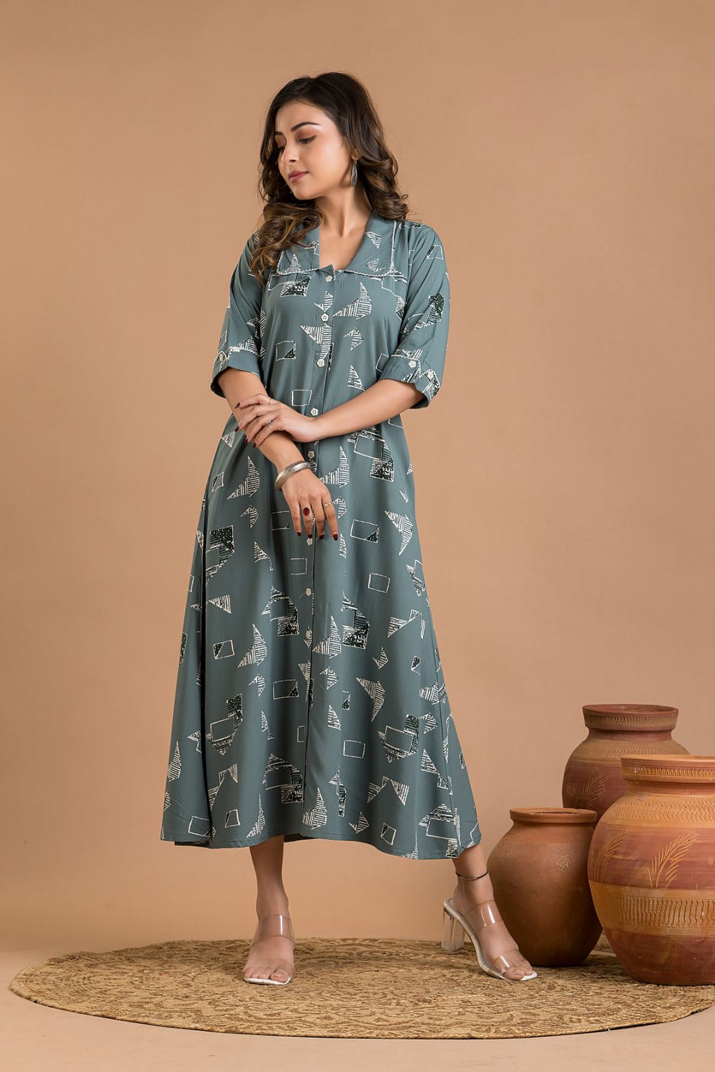 Dusty Green Geometric Print A-Line Dress