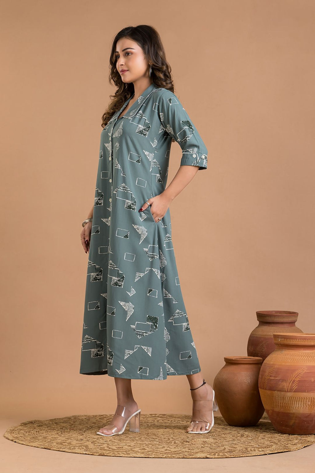 Dusty Green Geometric Print A-Line Dress