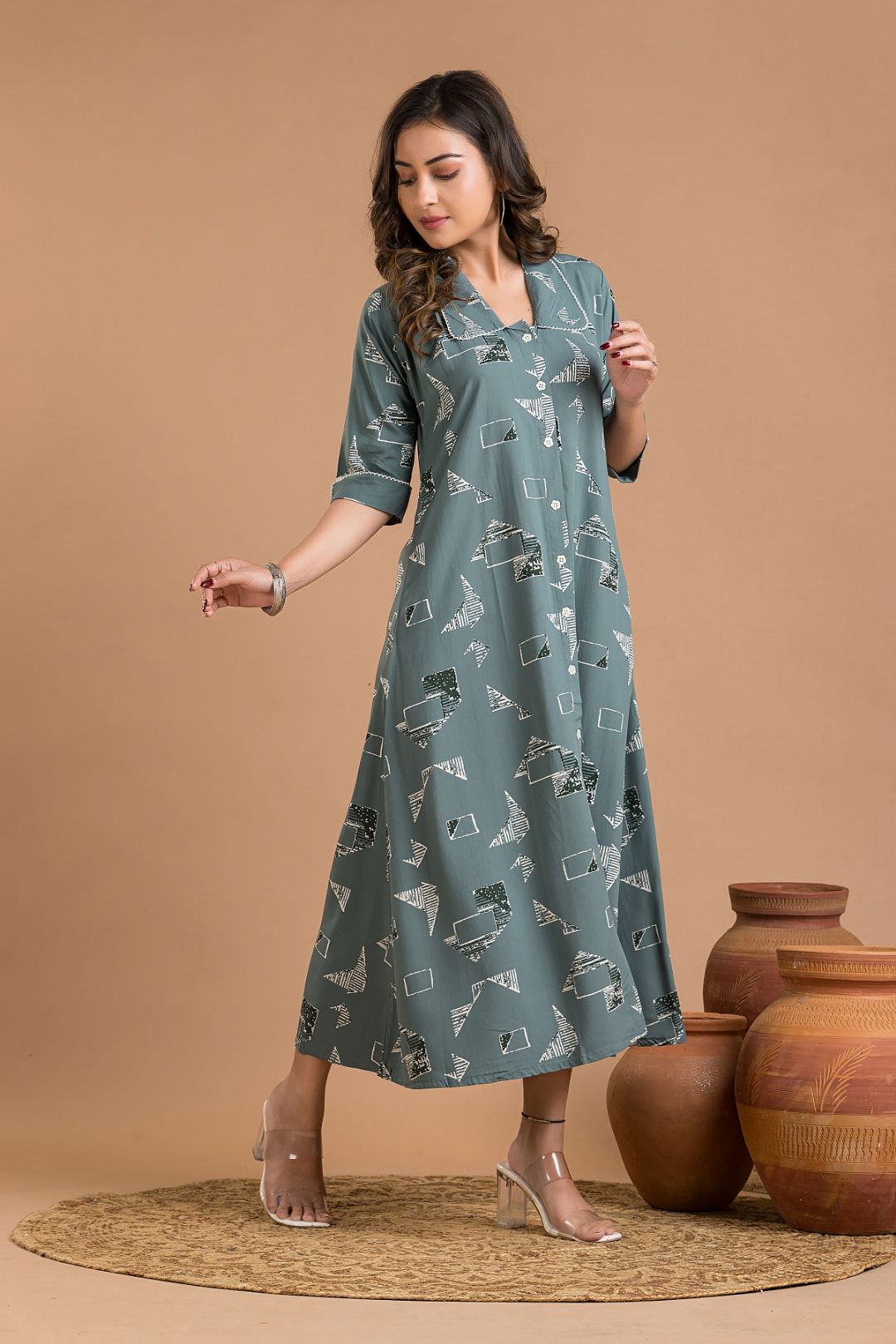 Dusty Green Geometric Print A-Line Dress