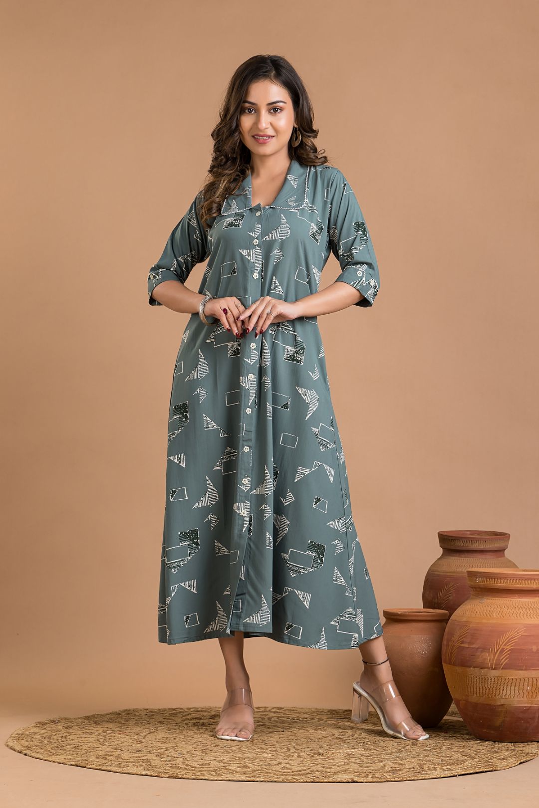 Dusty Green Geometric Print A-Line Dress