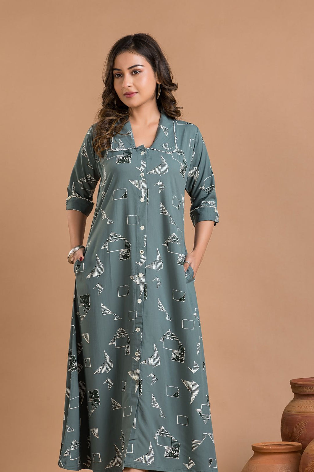 Dusty Green Geometric Print A-Line Dress