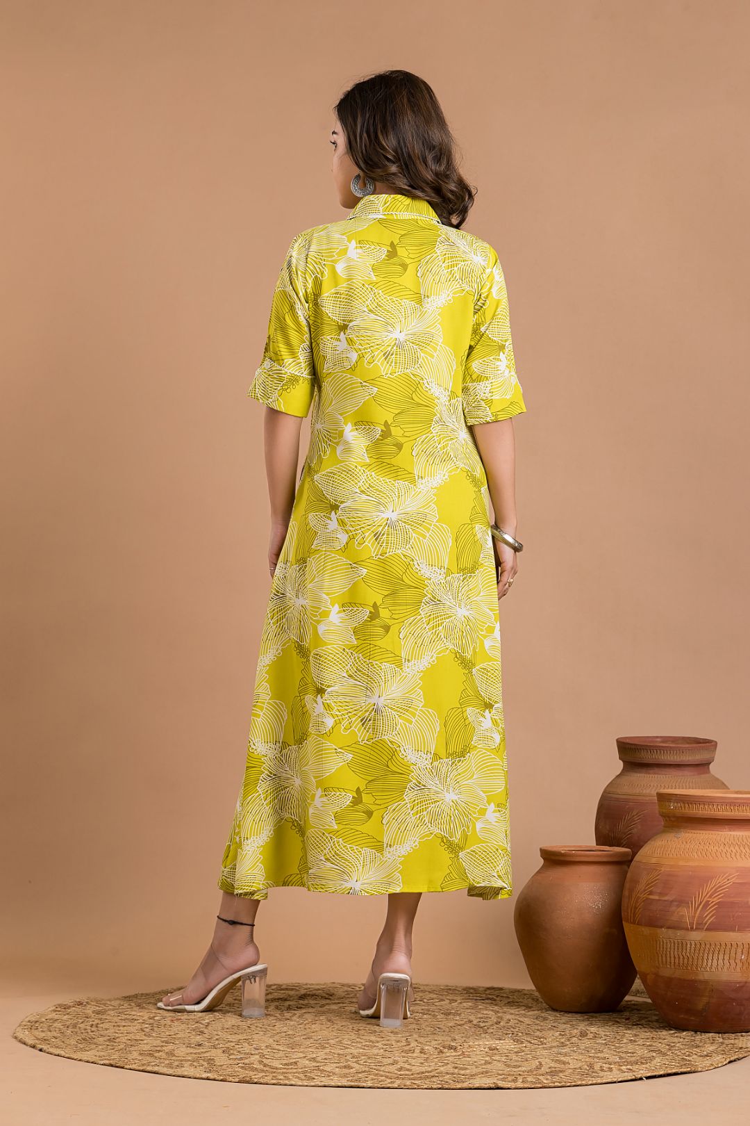 Lime Green Abstract Print  A-Line Dress