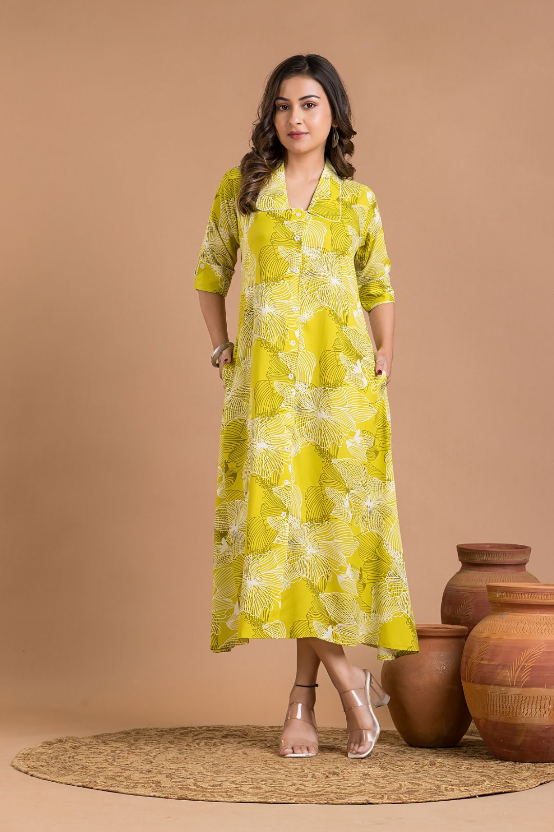 Lime Green Abstract Print  A-Line Dress