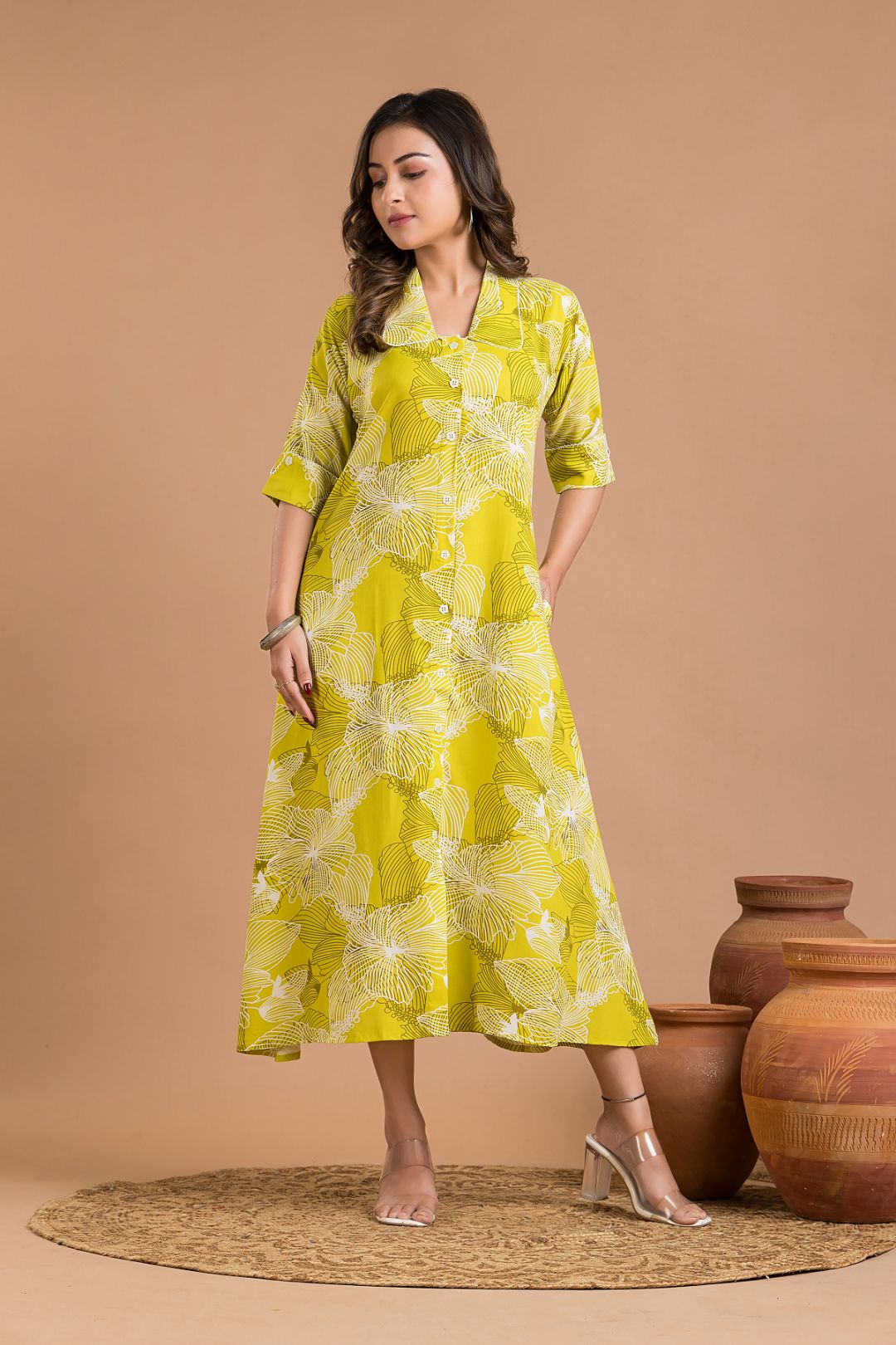 Lime Green Abstract Print  A-Line Dress