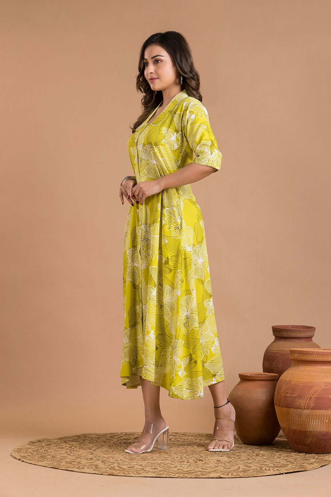 Lime Green Abstract Print  A-Line Dress